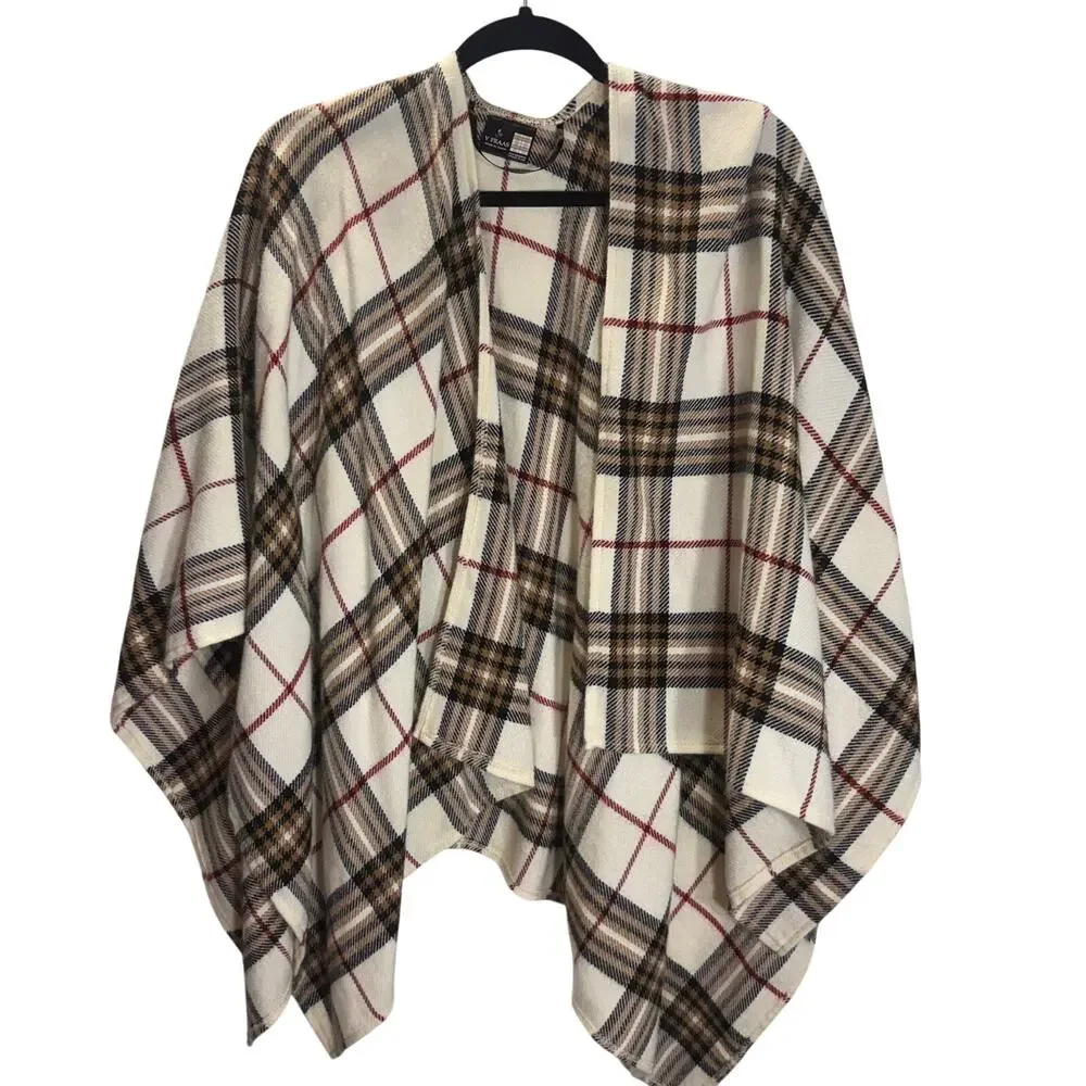 V. Fraas Plaid Ruana Poncho Wrap Shawl Ivory Tan Burgundy One Size - Picture 1 of 5